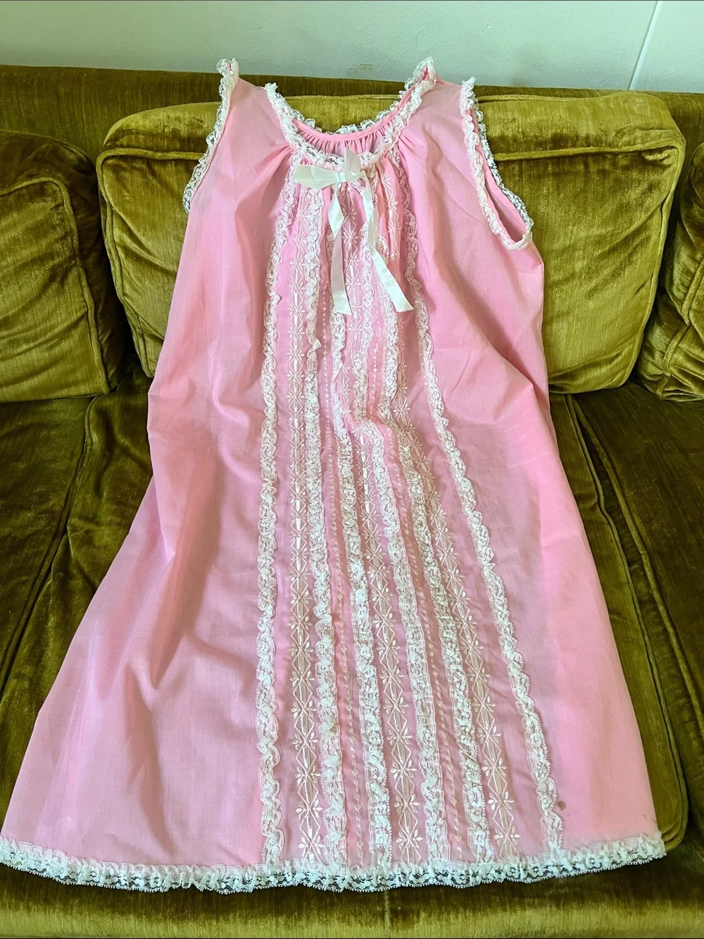 Vintage Pink Sleeveless Babydoll Nightgown with White Lace lingerie coquette - Picture 13 of 13